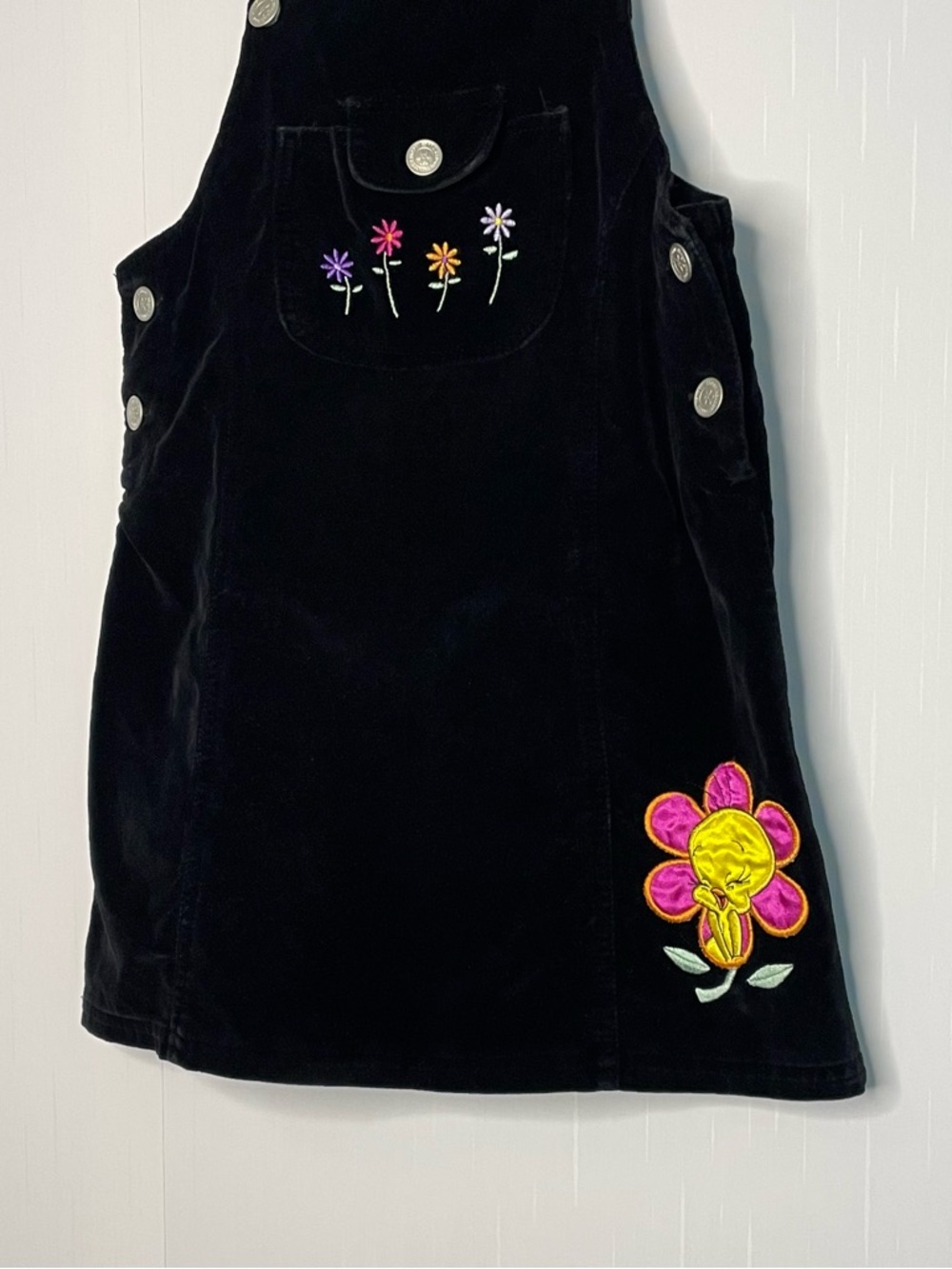 1998 Looney Tunes Tweety Bird Soft Black Velvet Bib Overalls Jumper Dress 7/8 - Picture 4 of 12